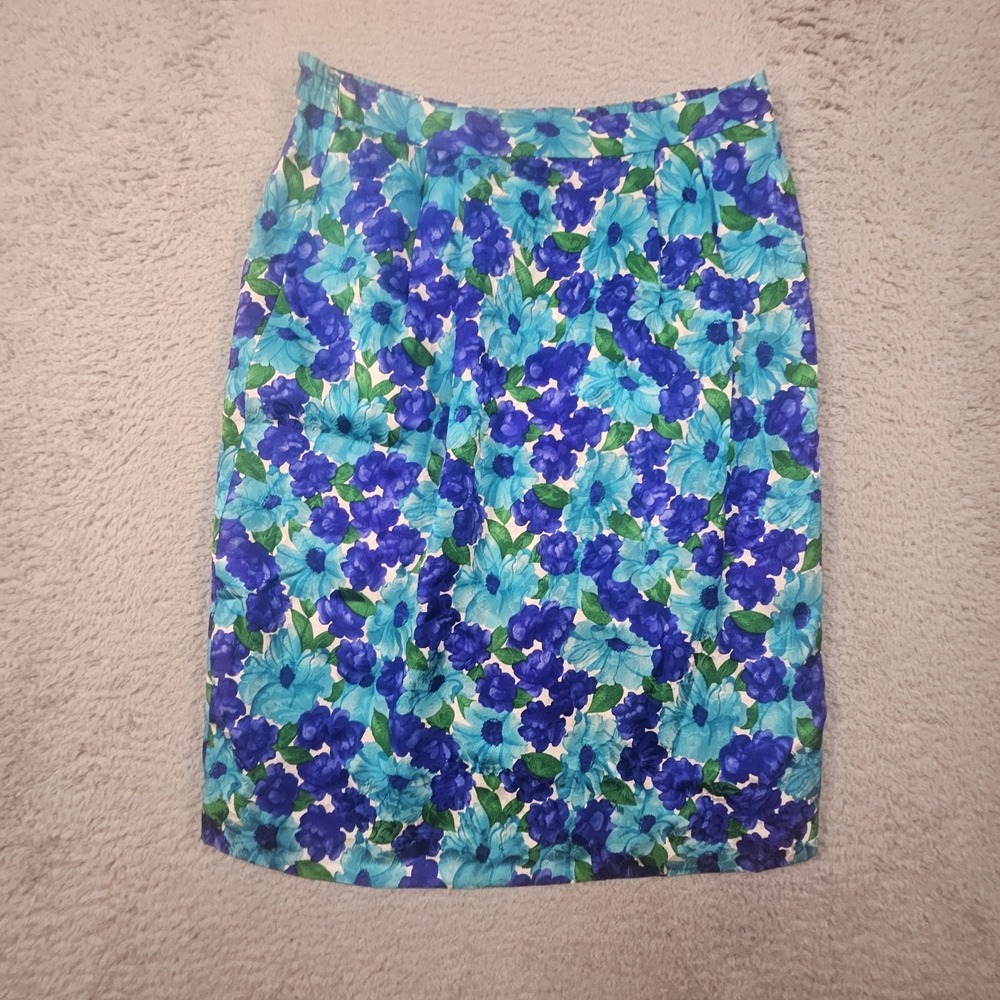 Vtg‎ Pencil Skirt Womens 8 Petite Blue Floral 100% Silk Boardroom Chic Corpcore